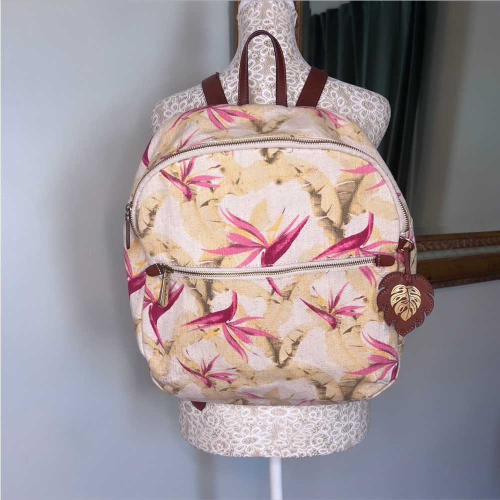 TOMMY BAHAMA Birds of Paradise Yellow & Pink Linen Blend Backpack